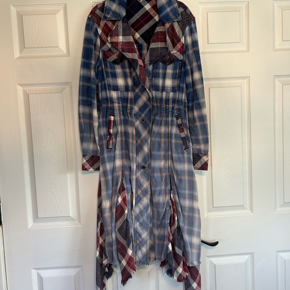 Free People Blue and Red Plaid Trench Coat